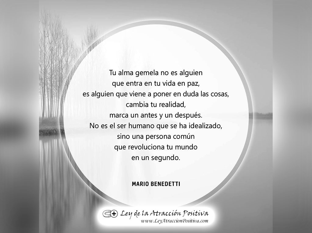 “Tu alma gemela no es alguien que entra en tu vida en paz, es alguien que viene a poner en duda las cosas, que cambia tu realidad, alguien que marca un antes y un después en tu vida. No es el ser humano que todo el mundo ha idealizado, sino un apersona común y corriente, que se las arregla para revolucionar tu mundo en un segundo.” Mario Benedetti